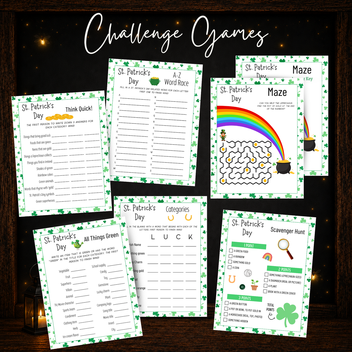 St. Patrick’s Day printable challenge games featuring Think Quick, A–Z Word Race, Maze, Categories, All Things Green, and Scavenger Hunt.