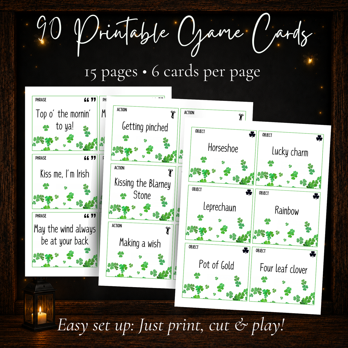 Preview of 90 St. Patrick's Day Charades cards arranged six per page, featuring Irish phrases, actions, and lucky objects.