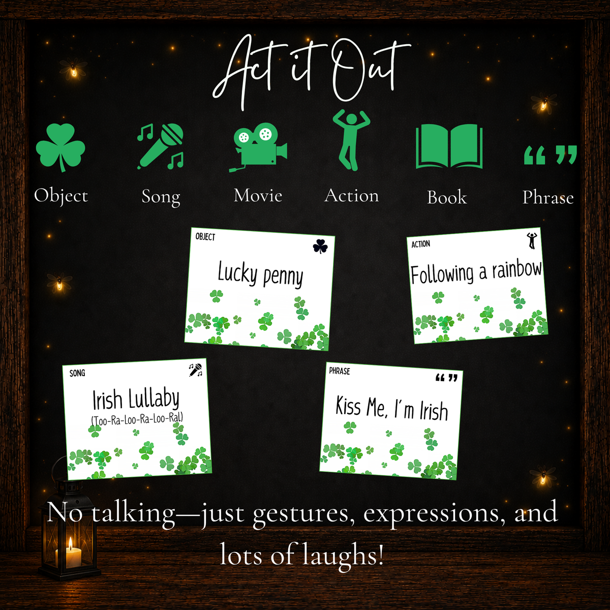 St. Patrick's Day Charades categories including object, song, movie, action, book, and phrase, with sample printable shamrock game cards.