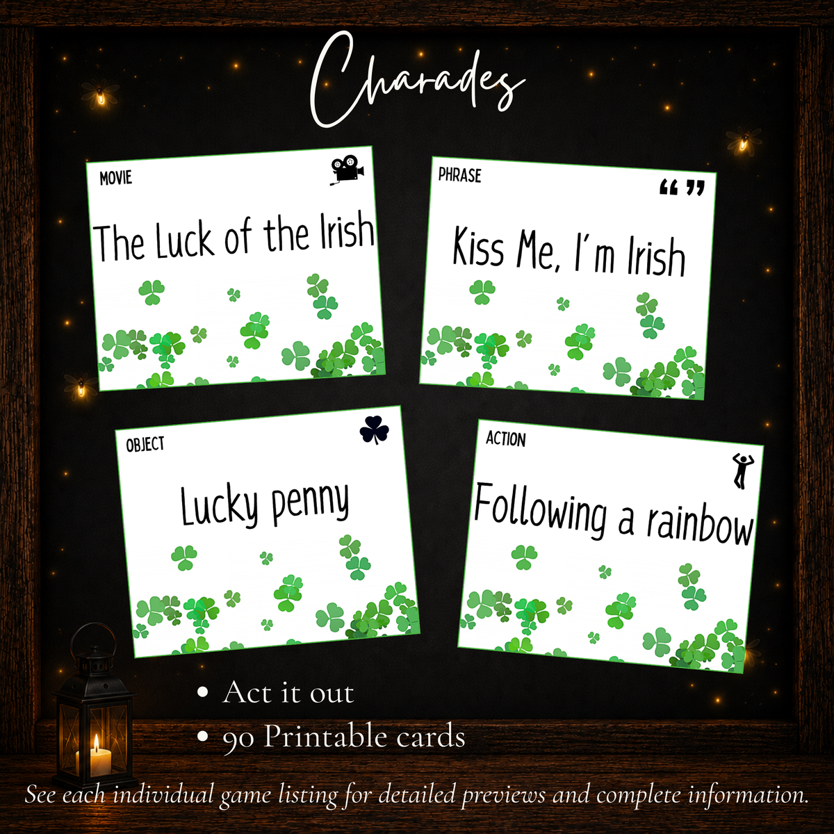 St. Patrick's Day Charades with 90 printable acting cards featuring movies, phrases, objects and actions