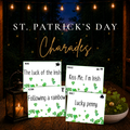 St. Patrick's Day Charades printable game with shamrock-themed cards featuring Irish movie titles, phrases, actions, and lucky objects on a rustic table.
