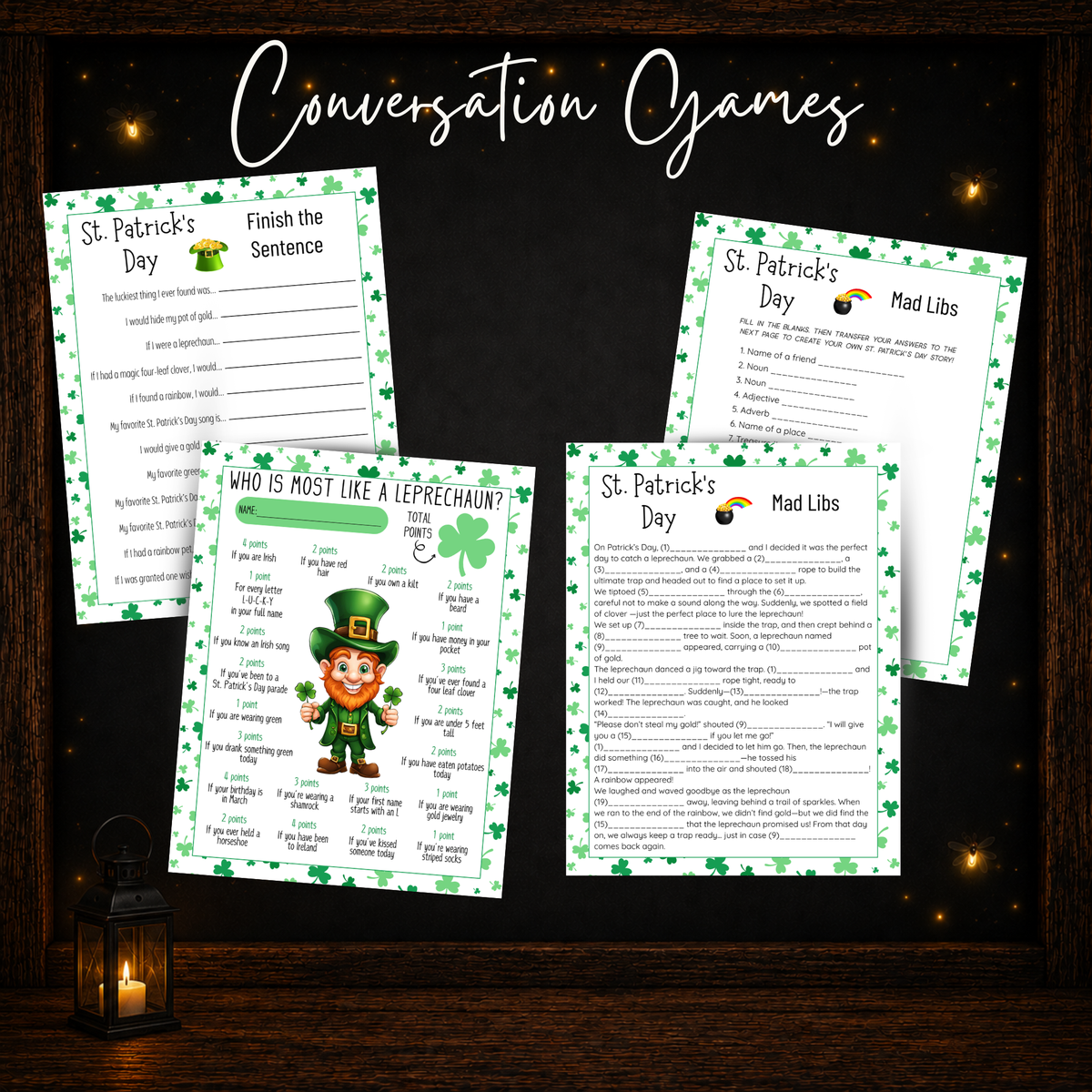 St. Patrick’s Day printable conversation games featuring Finish the Sentence, Who Is Most Like a Leprechaun, and Mad Libs worksheets.