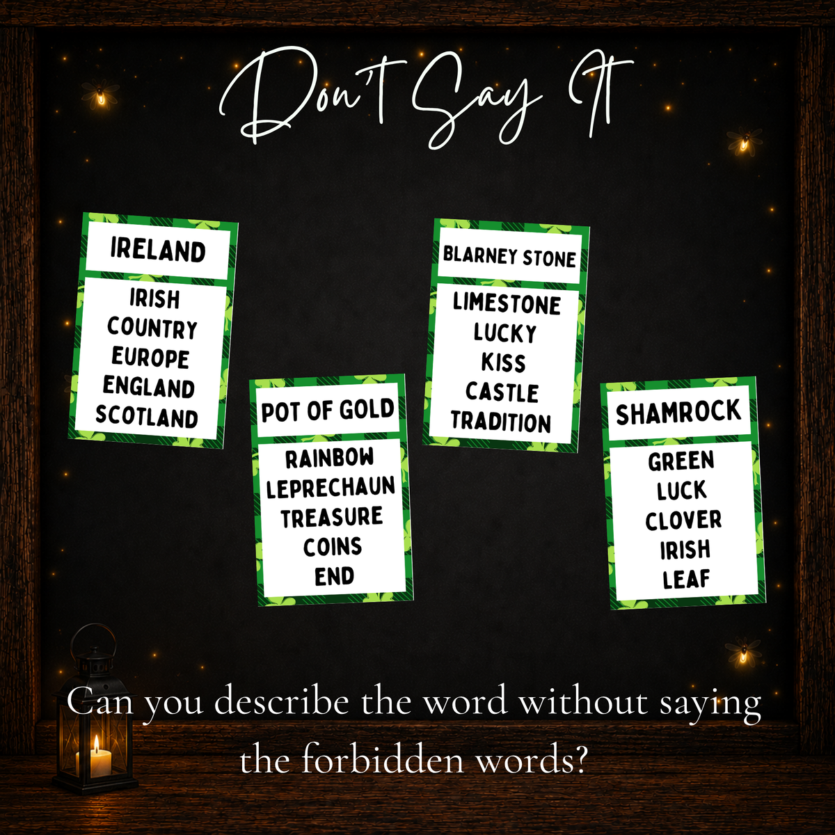 Four sample St. Patrick's Day Forbidden Words cards featuring Ireland, Pot of Gold, Blarney Stone, and Shamrock, each with five words players cannot say when giving clues.