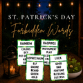 St. Patrick's Day Forbidden Words printable game cards displayed on a wooden table with a glowing lantern, shamrocks, and a nighttime forest background. Green cards show words including Rainbow, Leprechaun, Bagpipes, and Luck.