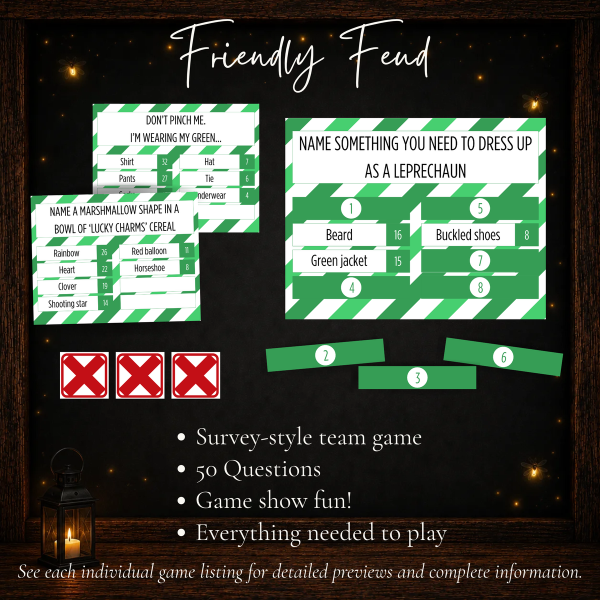 St. Patrick's Day Friendly Feud survey-style team game with 50 questions and printable game board pieces