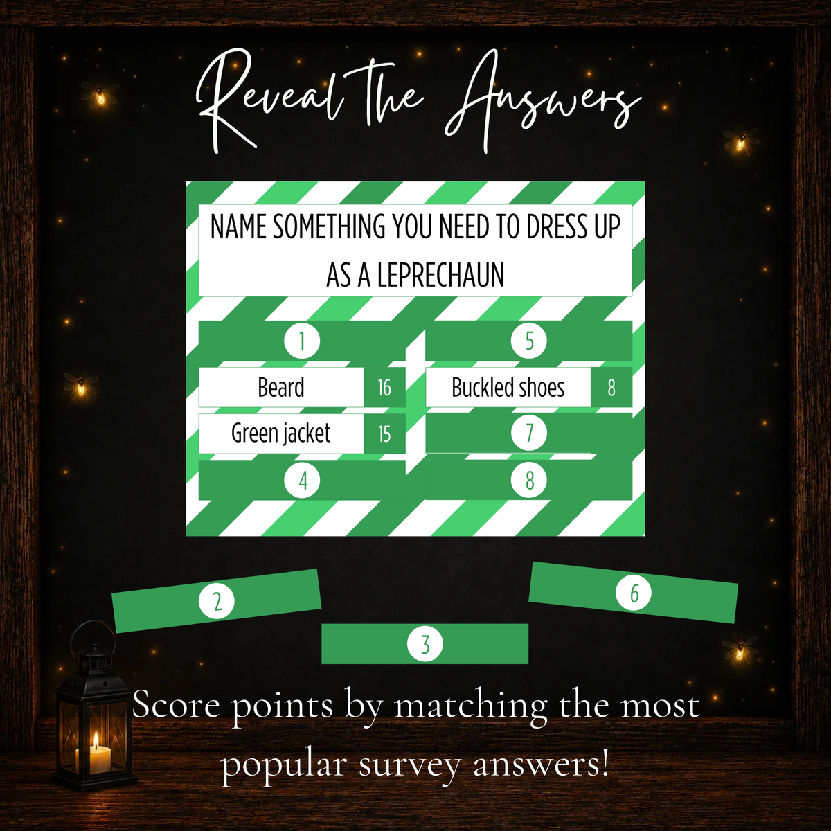 St. Patrick’s Day Friendly Feud survey card showing numbered answer covers being removed to reveal answers and their point values.