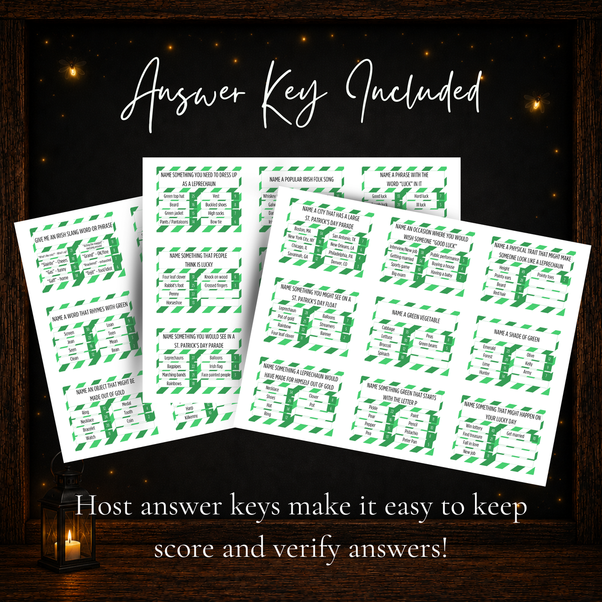 Printable St. Patrick’s Day Friendly Feud host answer key pages featuring survey questions, ranked answers, and point values for easy scoring.