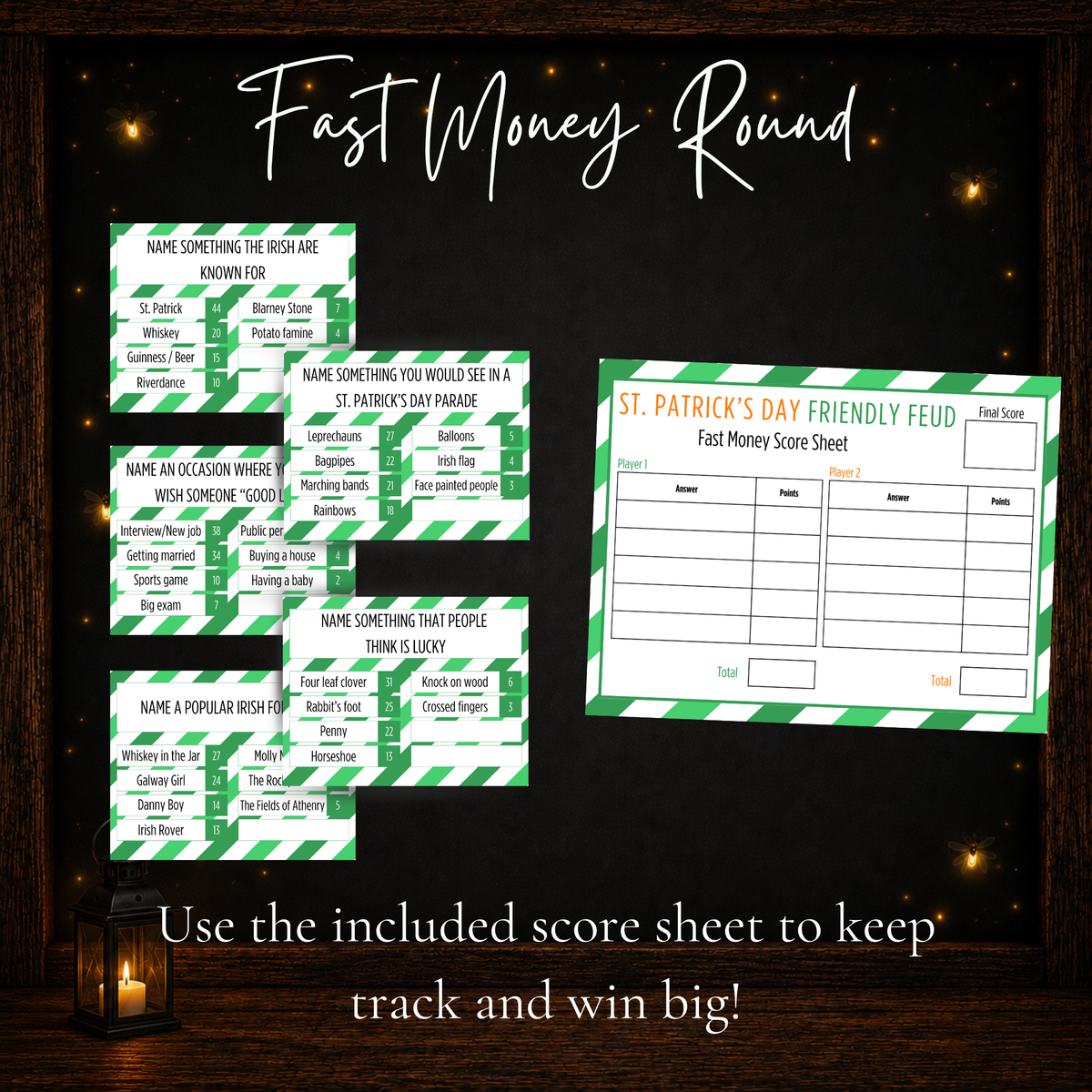 St. Patrick’s Day Friendly Feud Fast Money bonus round with printable Irish-themed survey cards and a two-player score sheet.