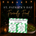 St. Patrick’s Day Friendly Feud printable party game featuring a leprechaun costume survey card with answers and point values, displayed with shamrocks and a glowing lantern.