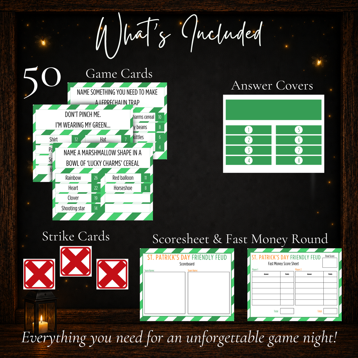 What’s included in St. Patrick’s Day Friendly Feud: 50 printable survey game cards, numbered answer covers, strike cards, team scoreboard, and Fast Money score sheet.