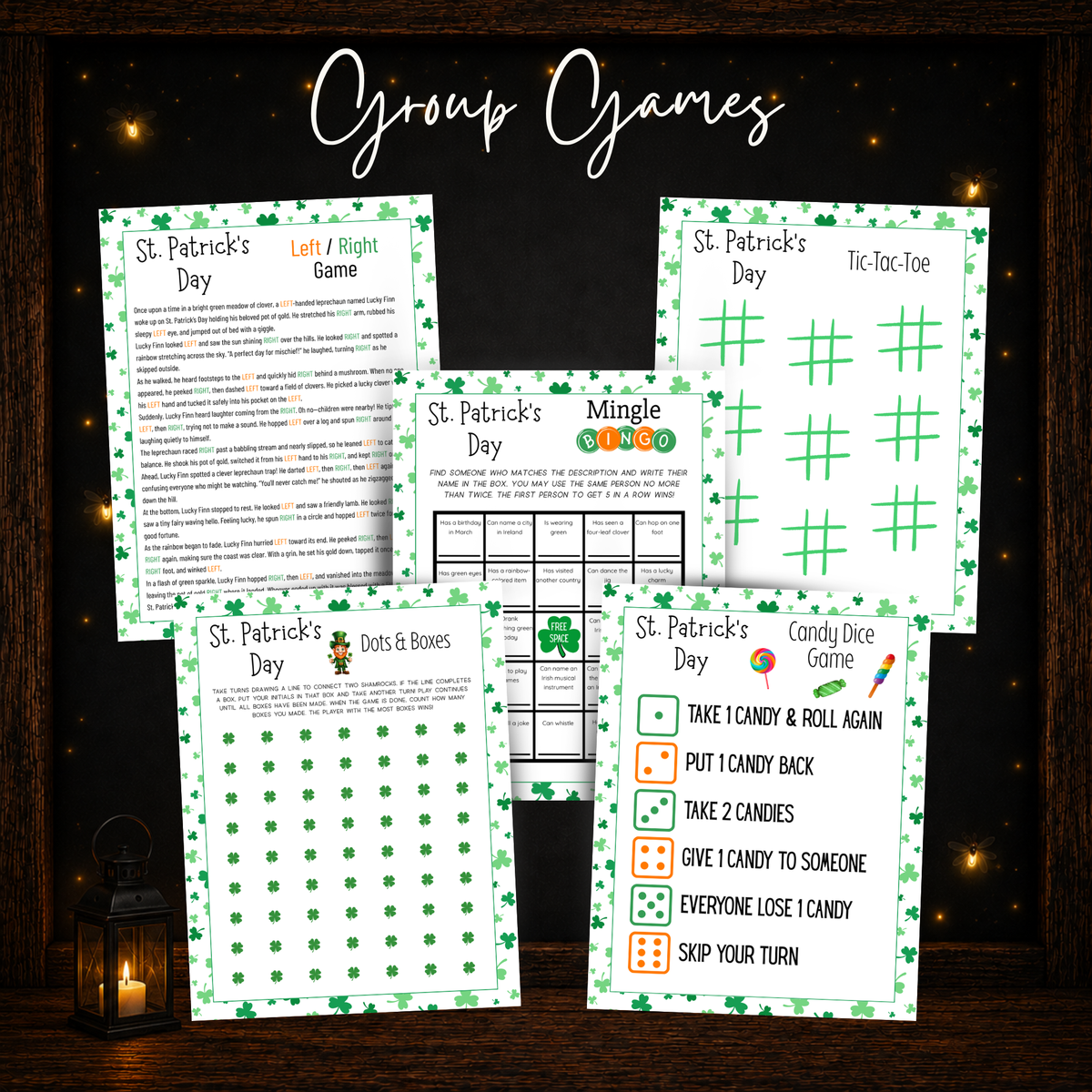 St. Patrick’s Day printable group games including Left Right Game, Mingle Bingo, Tic-Tac-Toe, Dots and Boxes, and Candy Dice.