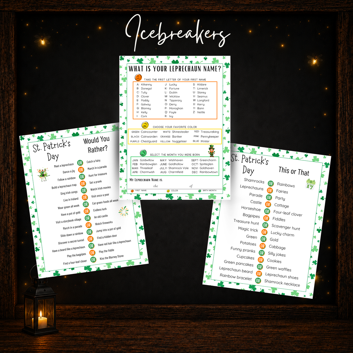 St. Patrick’s Day printable icebreaker games featuring Would You Rather, This or That, and What Is Your Leprechaun Name.