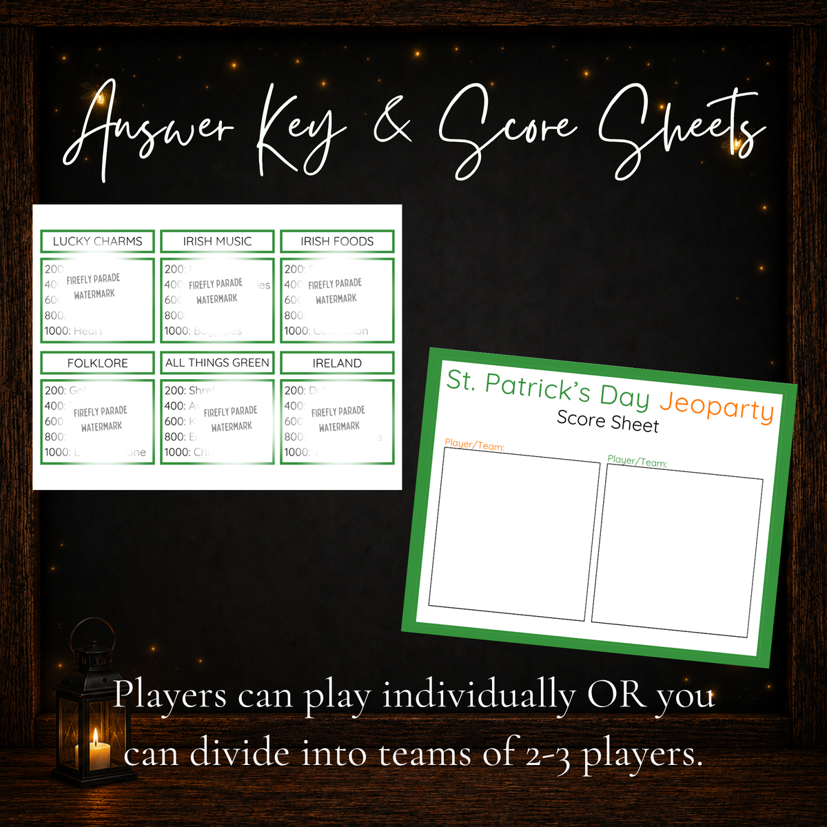Printable St. Patrick's Day Jeoparty host answer key and score sheet for individual players or teams of two to three.