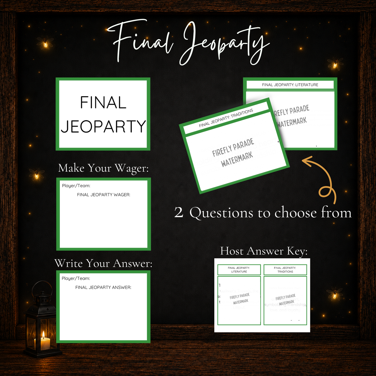 St. Patrick's Day Jeoparty final round with two trivia questions, a Final Jeoparty cover card, wager cards, answer cards, and host answer key.