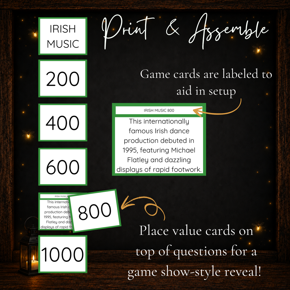 St. Patrick's Day Jeoparty print and assemble instructions showing category cards, numbered point-value covers, and a sample Irish Music trivia question.