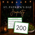 St. Patrick's Day Jeoparty printable trivia party game with green-bordered question and point-value cards displayed in a glowing woodland setting.