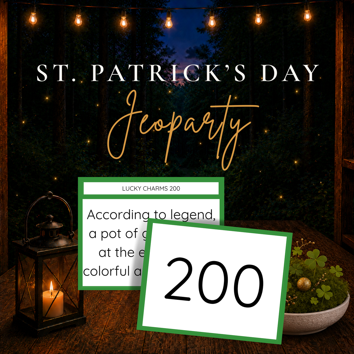 St. Patrick's Day Jeoparty printable trivia party game with green-bordered question and point-value cards displayed in a glowing woodland setting.