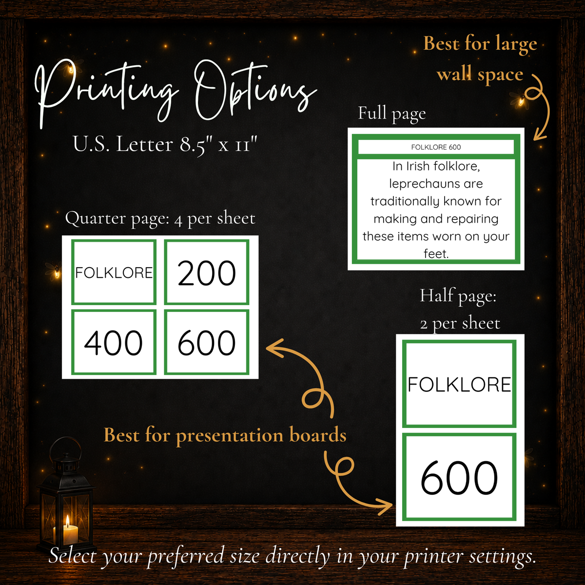 St. Patrick's Day Jeoparty printing options showing full-page, half-page, and quarter-page game cards on U.S. Letter paper.
