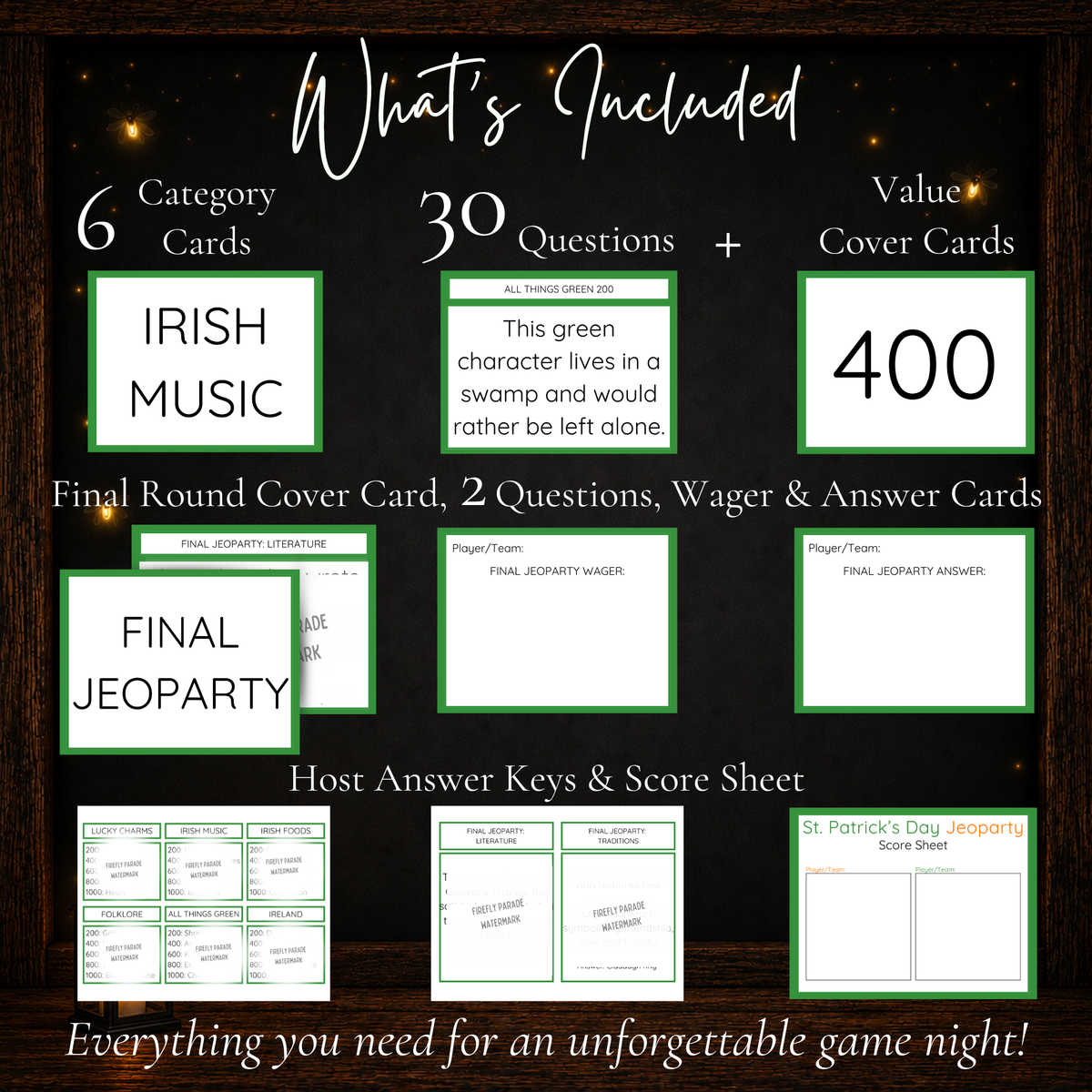 What's included in the St. Patrick's Day Jeoparty game, featuring six category cards, 30 trivia questions, point-value covers, final round materials, answer keys, and score sheet.