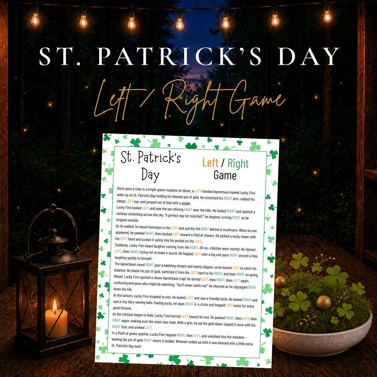 St. Patrick’s Day Left Right Game printable featuring a leprechaun gift-passing story with shamrock decorations, glowing lantern, and festive green clovers.