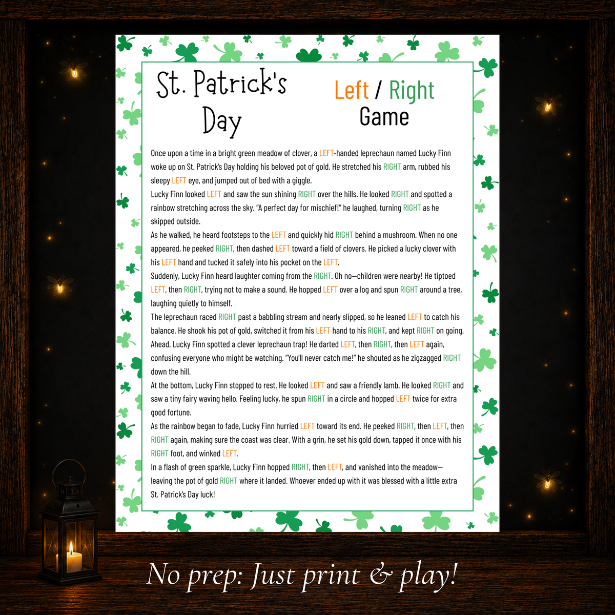 St. Patrick’s Day Left Right Game printable story about Lucky Finn the leprechaun, featuring orange LEFT and green RIGHT directions for passing a gift.