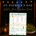 St. Patrick's Day What Is Your Leprechaun Name printable game displayed with shamrock decorations and a lantern.