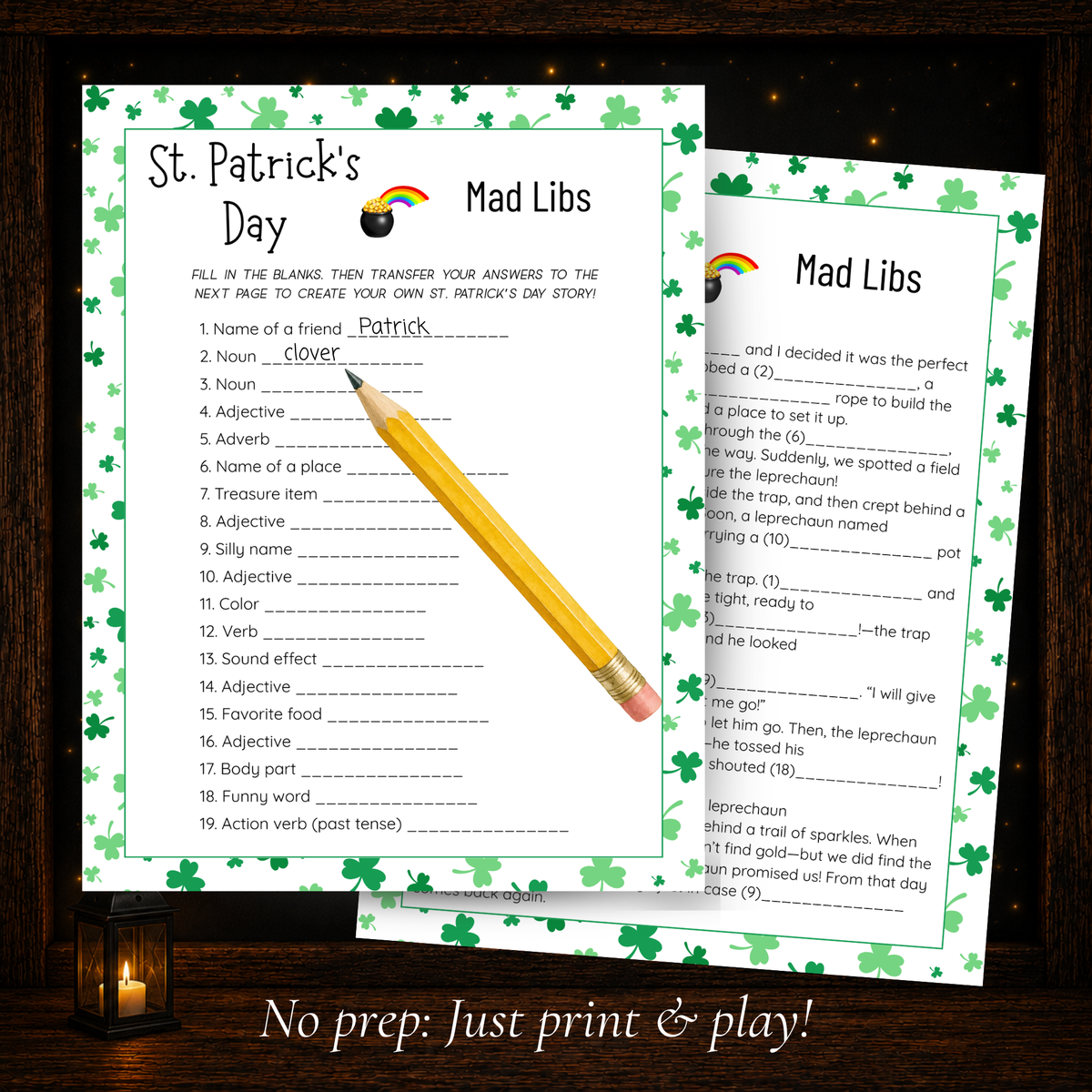 Two-page St. Patrick’s Day Mad Libs printable showing 19 word prompts and a fill-in-the-blank leprechaun story with a pencil writing answers on the worksheet.