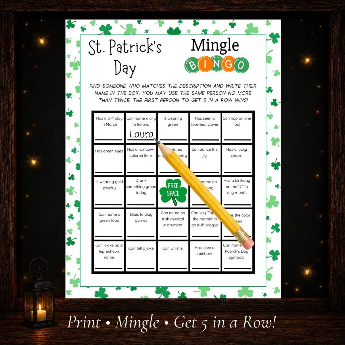St. Patrick’s Day Mingle Bingo printable featuring a 5 by 5 grid of conversation prompts, a free space, and a pencil demonstrating how to fill in a player's name.