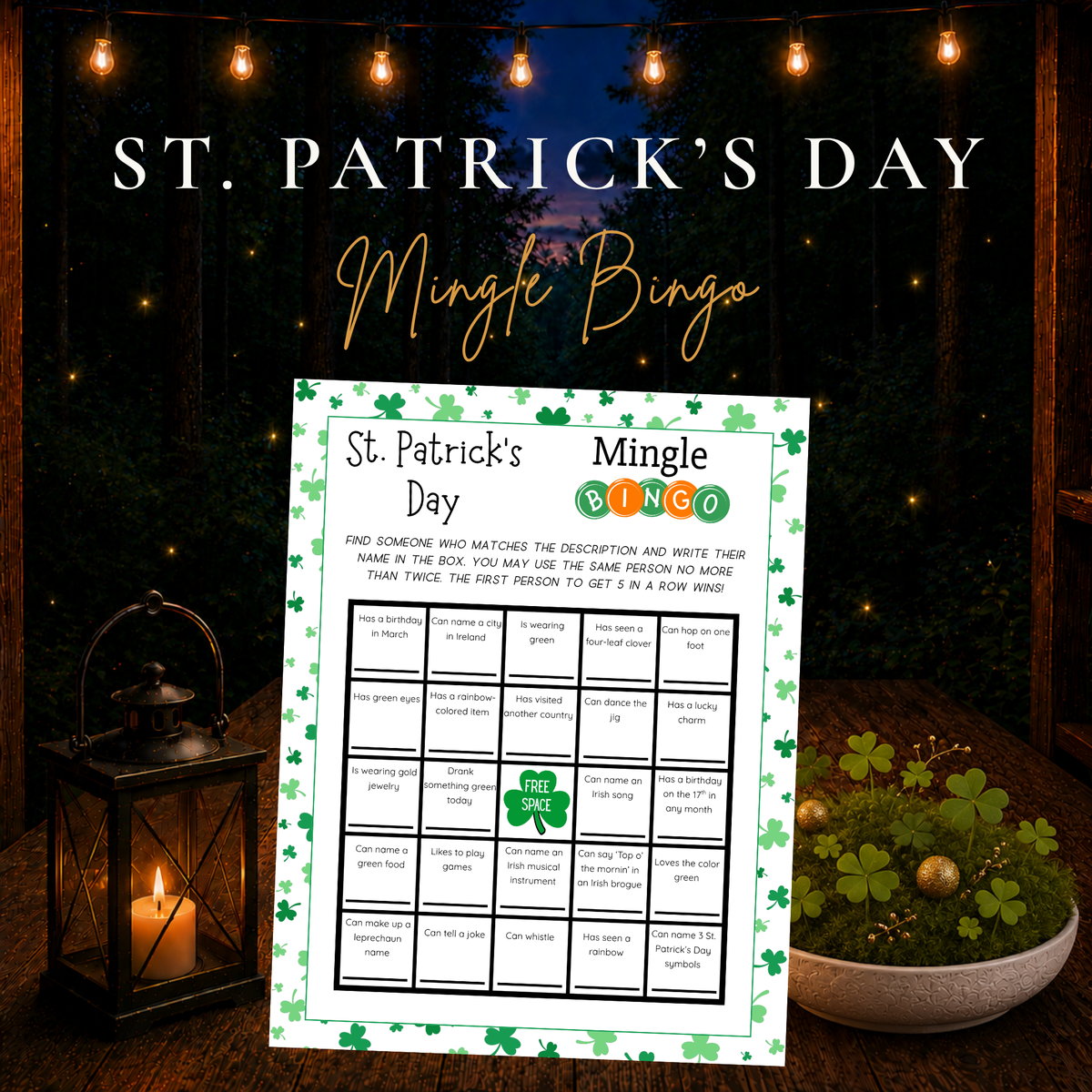 St. Patrick’s Day Mingle Bingo printable game sheet with shamrock border displayed in a glowing woodland setting with lantern and green clovers.