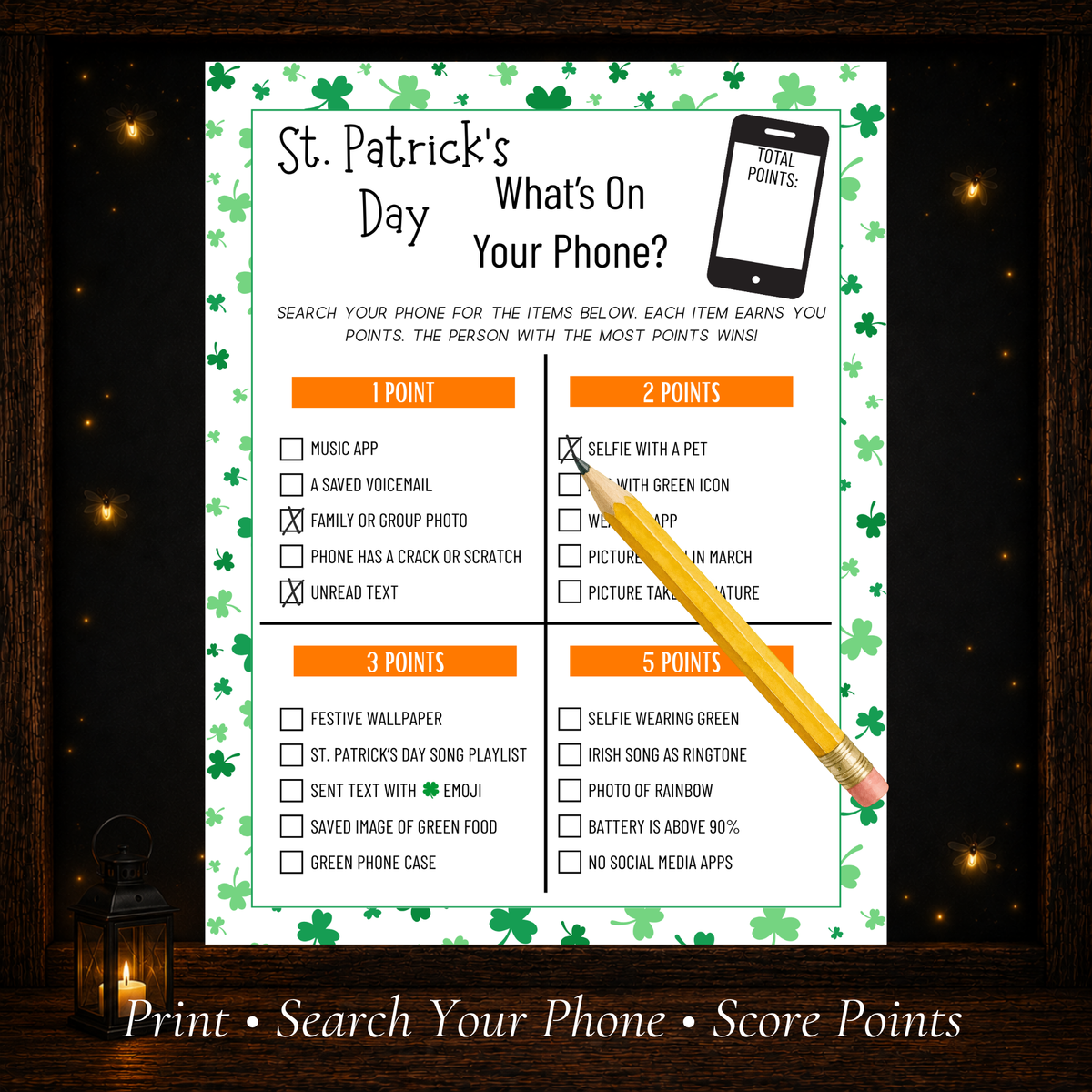 Close-up of St. Patrick's Day What's On Your Phone game showing checked boxes, pencil, and 20 challenges across four point categories.