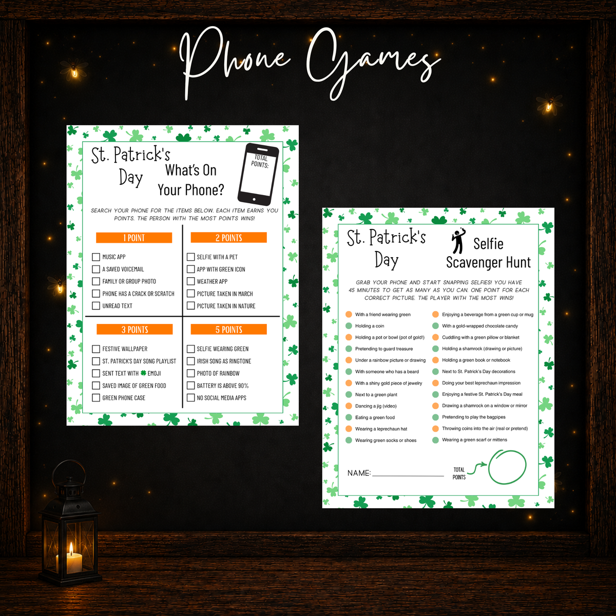 St. Patrick’s Day printable phone games featuring What’s On Your Phone and a festive Selfie Scavenger Hunt.