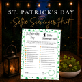 St. Patrick’s Day Selfie Scavenger Hunt printable game featuring 24 festive photo challenges, shamrock border, glowing lantern, and Irish-themed decorations.