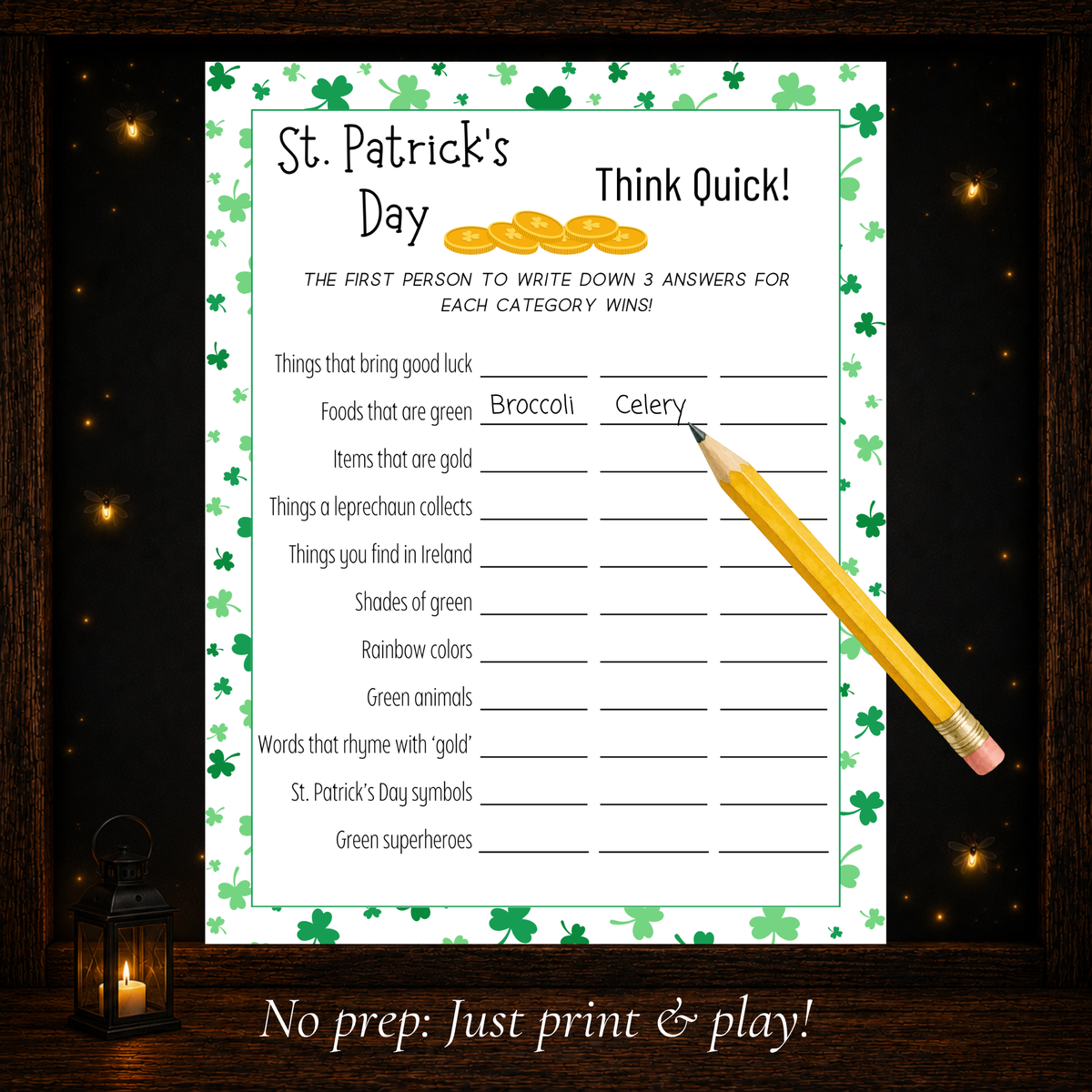 St. Patrick’s Day Think Quick game sheet with 11 categories, three answer spaces per category, and a pencil showing sample answers.