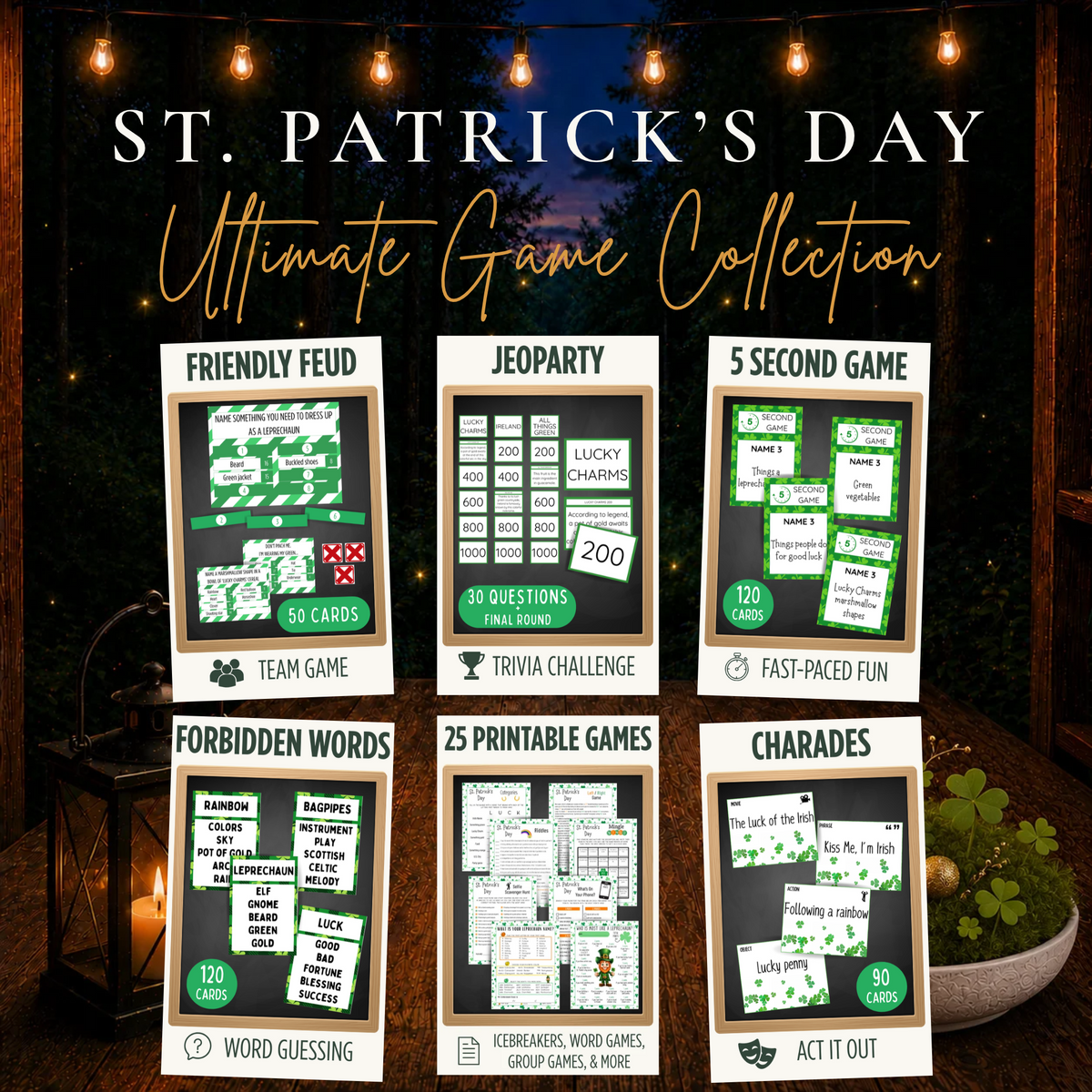 St. Patrick's Day Ultimate Game Collection featuring Friendly Feud, Jeoparty, 5 Second Game, Forbidden Words, Charades and 25 printable games