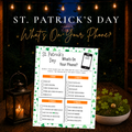 St. Patrick's Day What's On Your Phone printable party game with green shamrock border, scoring checklist, lantern, and clover decorations.