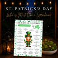 St. Patrick's Day Who Is Most Like a Leprechaun printable party game featuring a fun point-based activity with a colorful leprechaun illustration.