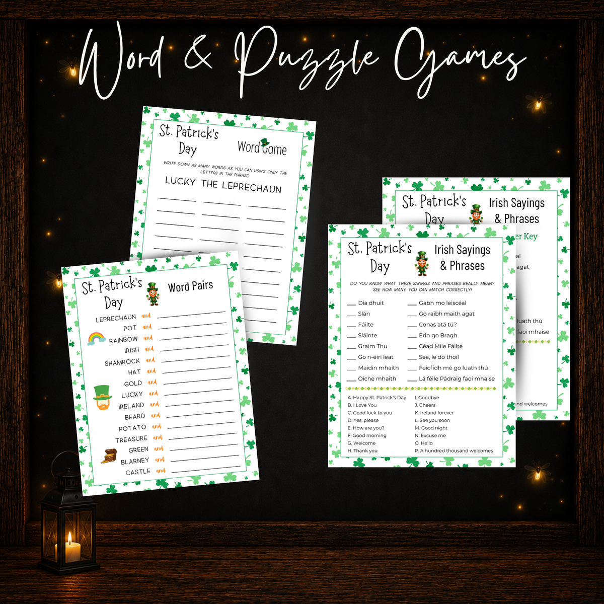 St. Patrick’s Day printable word and puzzle games featuring Word Pairs, Word Game, and Irish Sayings and Phrases with answer key.