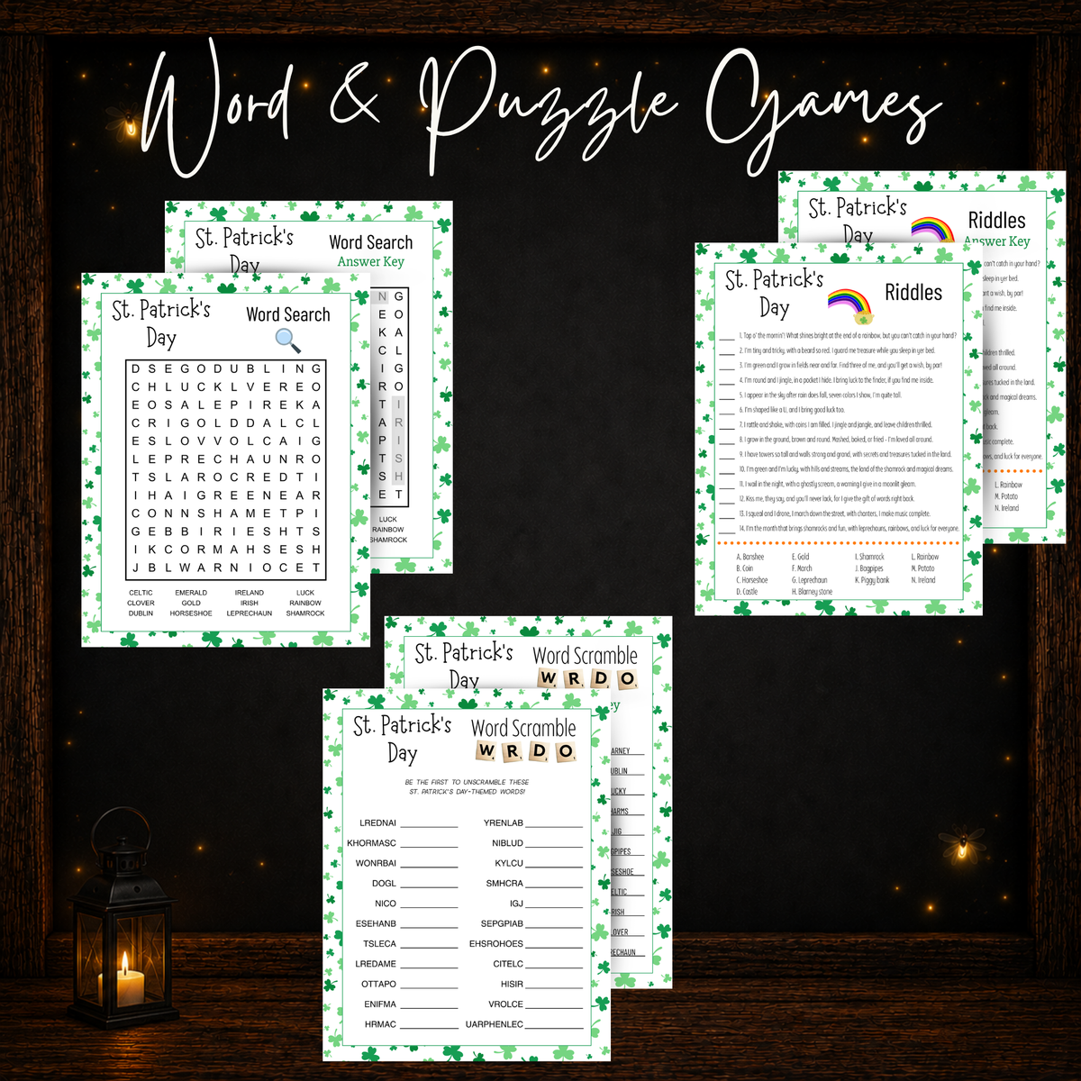 St. Patrick’s Day printable word search, word scramble, and riddles worksheets with accompanying answer keys.
