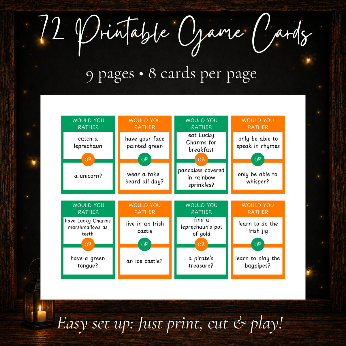 Preview of eight St. Patrick's Day Would You Rather question cards in green and orange, showing the printable layout with 72 cards across nine pages.