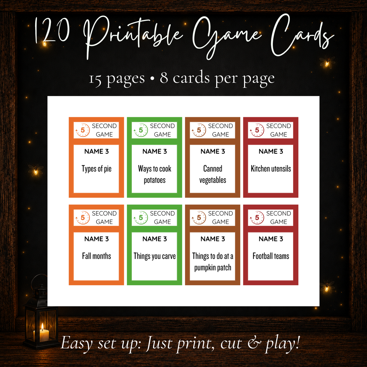 120 printable Thanksgiving 5 Second Game cards with fall and holiday Name 3 prompts