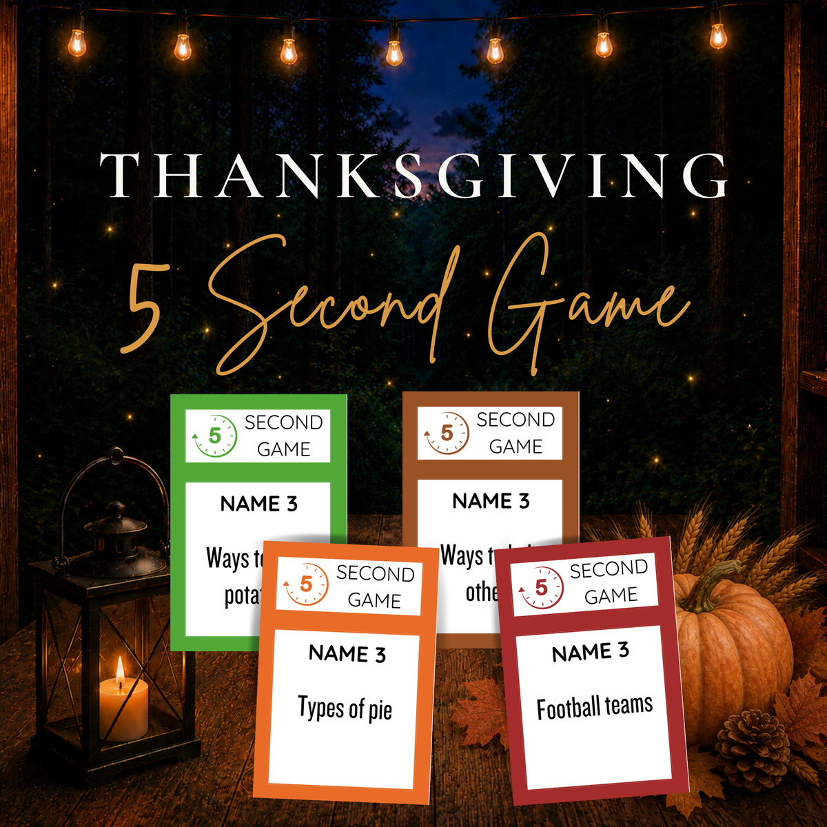 Thanksgiving 5 Second Game printable party game with fast-paced Name 3 challenge cards