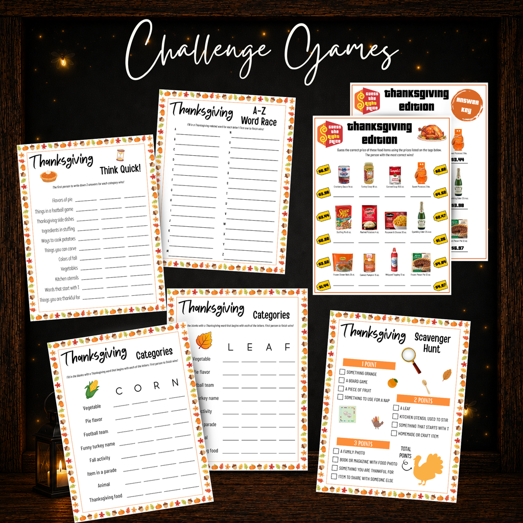 Thanksgiving printable challenge games including Think Quick Categories A-Z Word Race Guess the Right Price and scavenger hunt