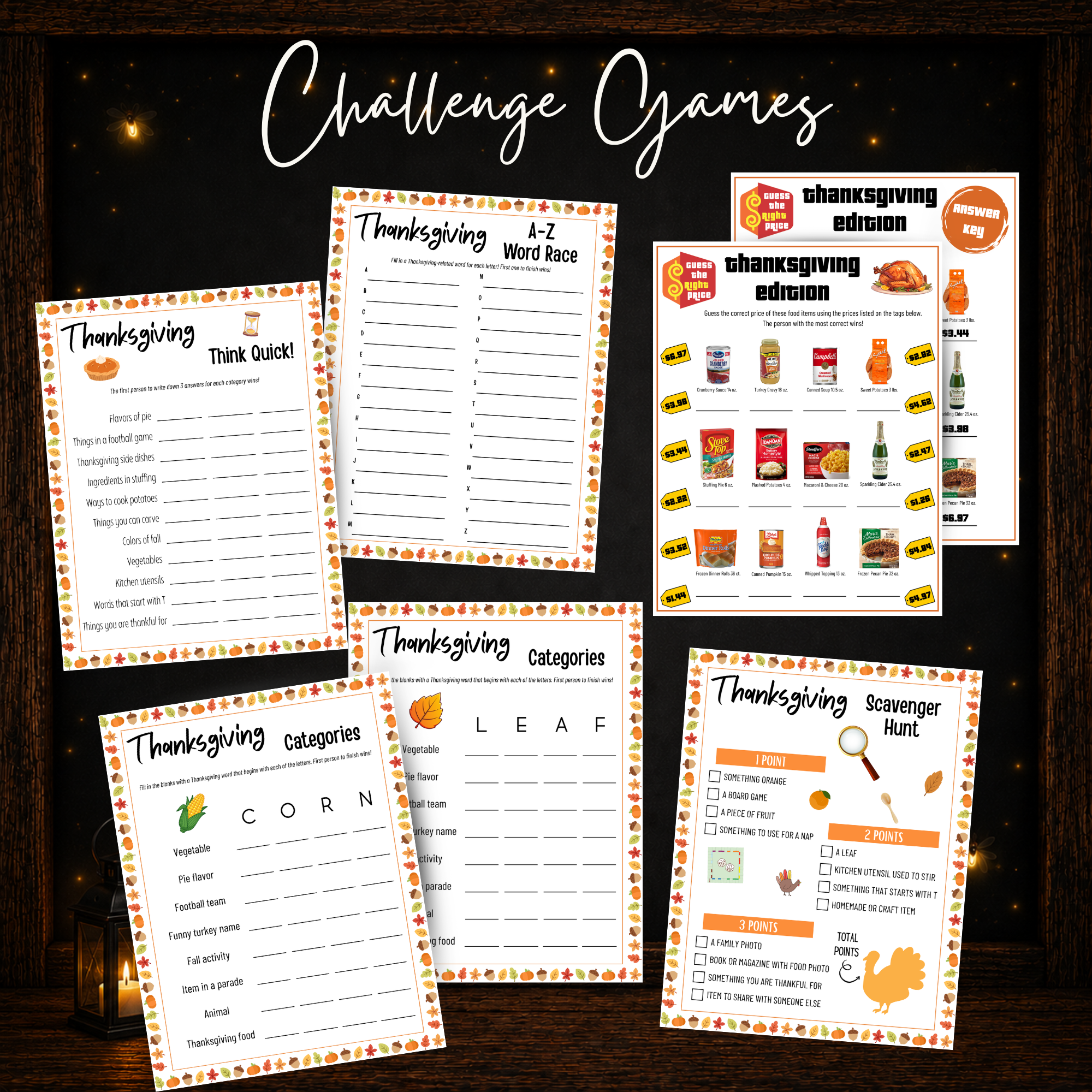 Thanksgiving printable challenge games including Think Quick Categories A-Z Word Race Guess the Right Price and scavenger hunt