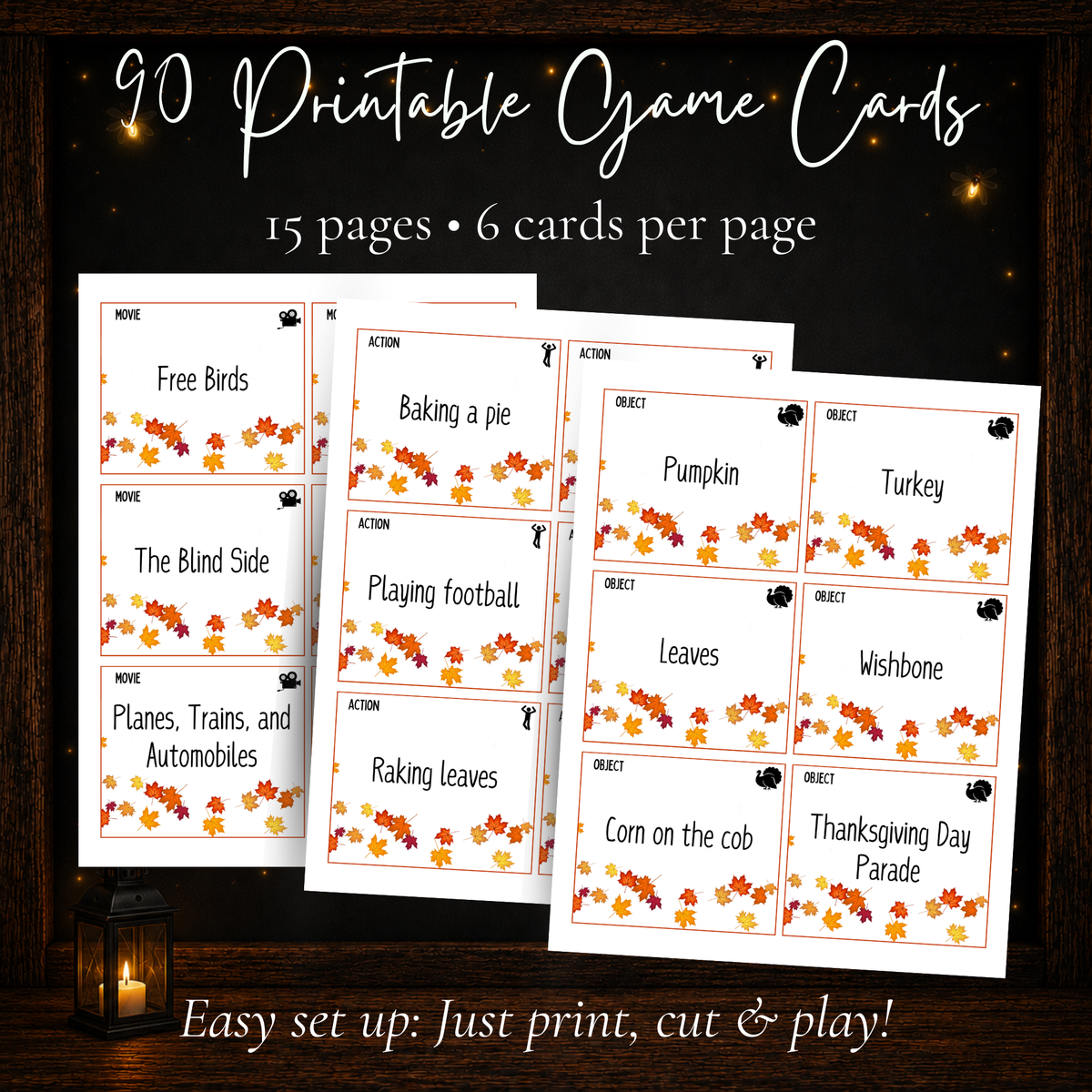 90 printable Thanksgiving Charades cards with 15 pages and 6 game cards per page