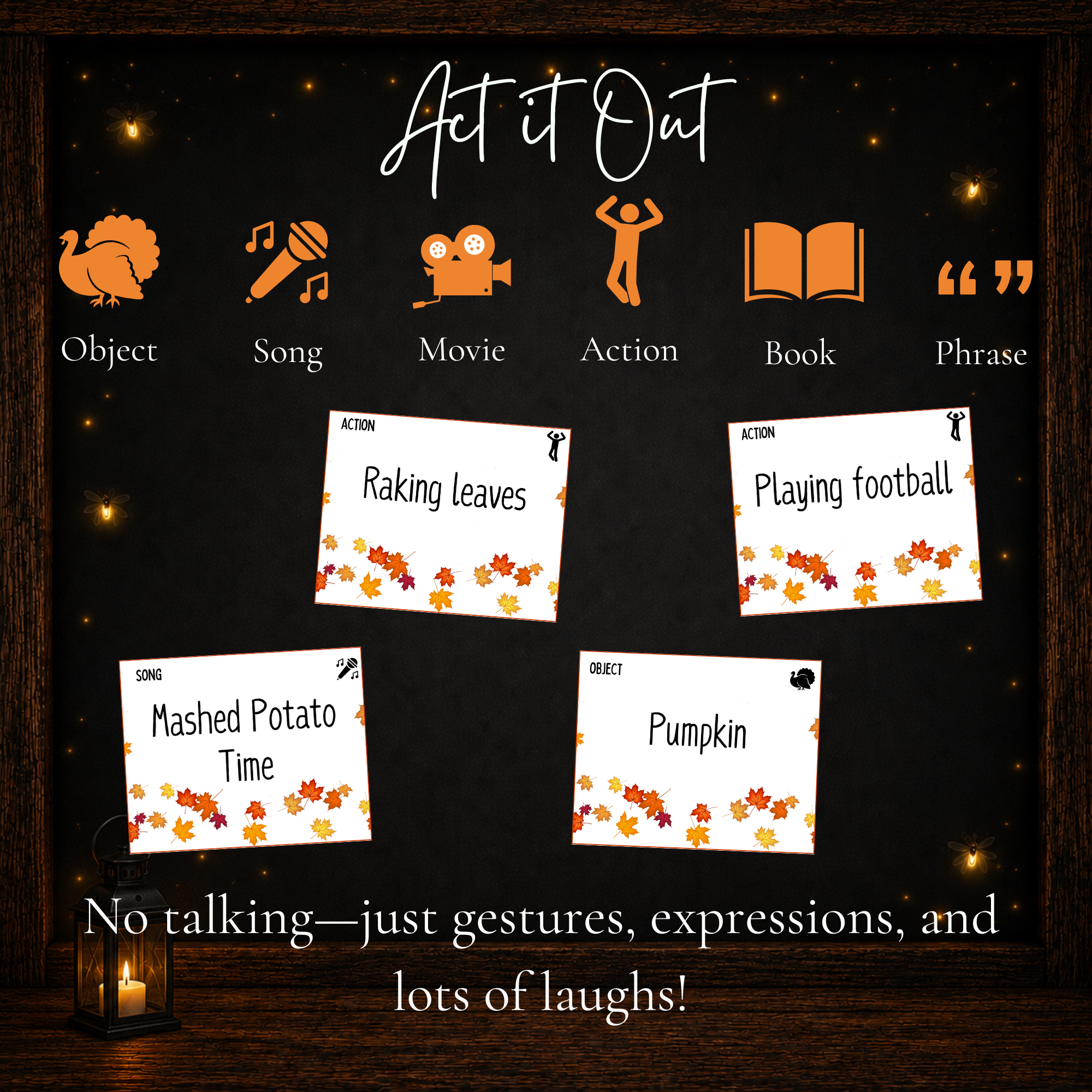 Thanksgiving Charades cards with object song movie action book and phrase categories