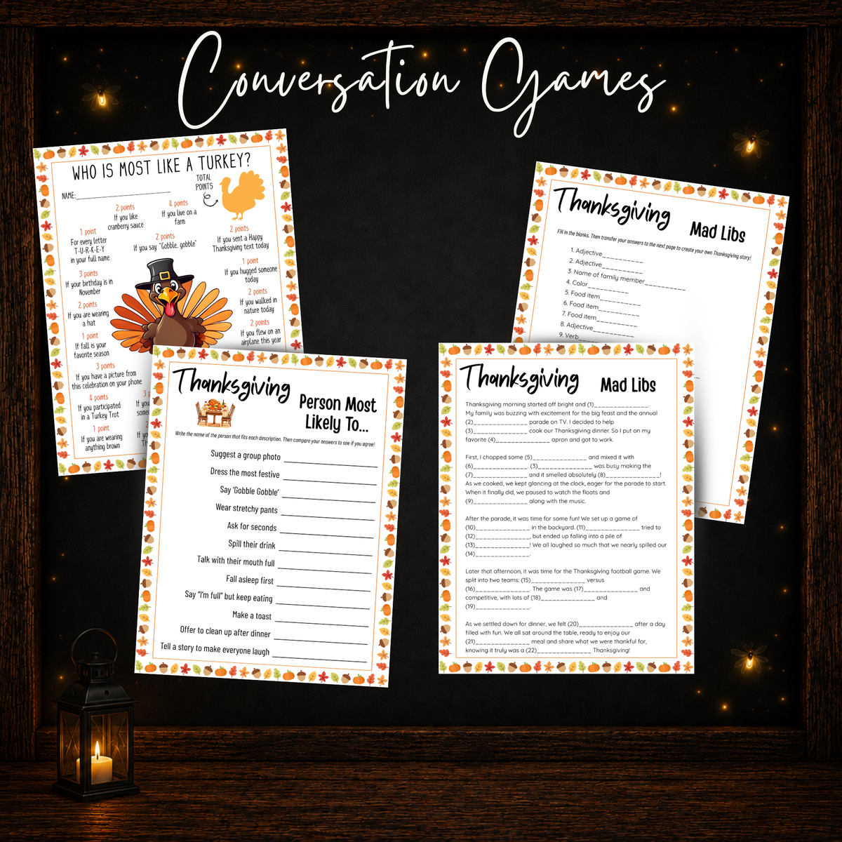 Printable Thanksgiving conversation games including Mad Libs Who Is Most Like a Turkey and Person Most Likely To
