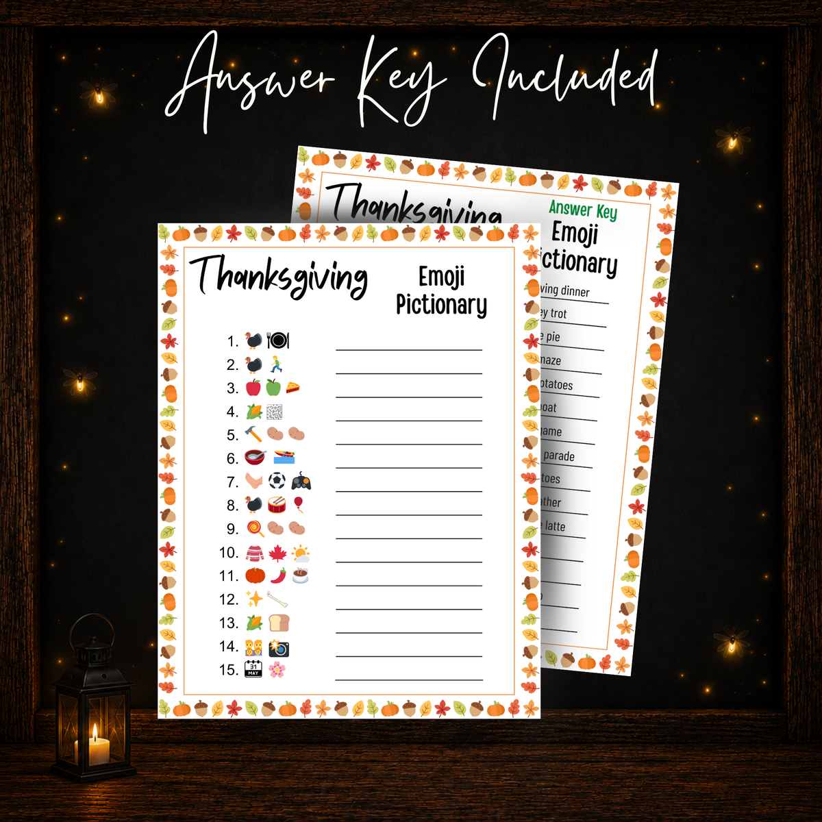 Thanksgiving Emoji Pictionary printable game with included answer key