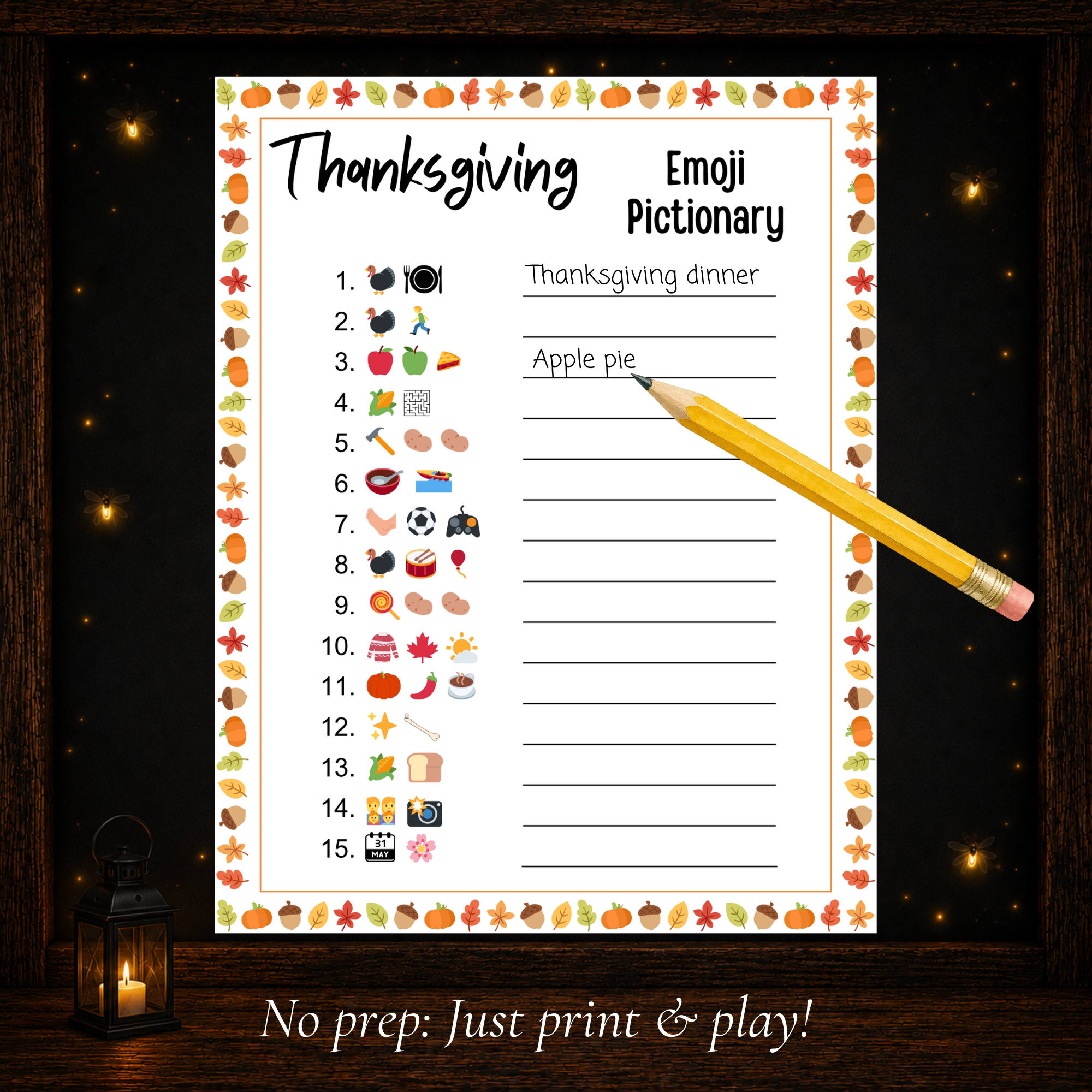 Printable Thanksgiving Emoji Pictionary party game for family gatherings and Friendsgiving