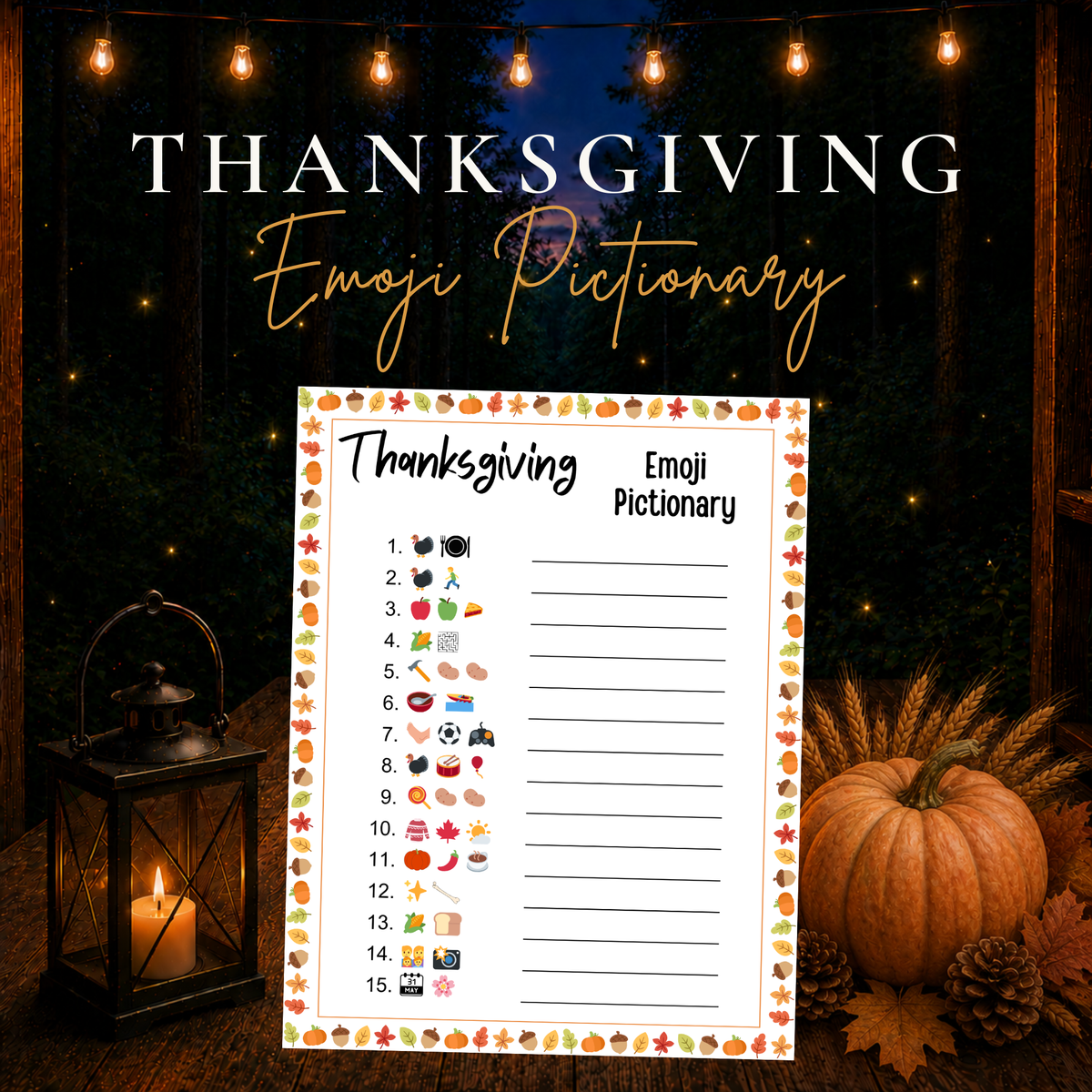 Thanksgiving Emoji Pictionary printable game with 15 Thanksgiving-themed emoji puzzles