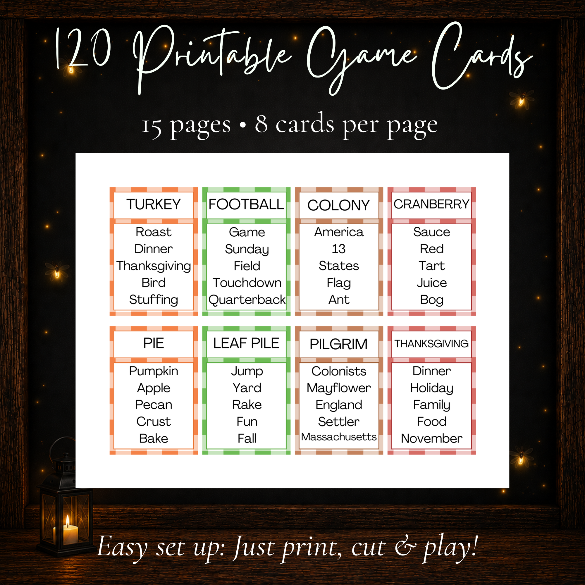 120 printable Thanksgiving Forbidden Words game cards with 8 cards per page